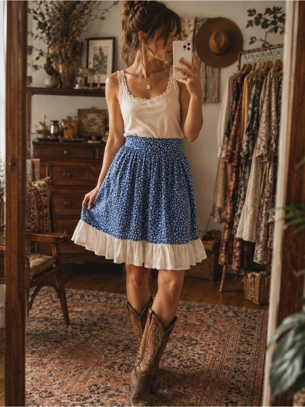 Prairie Ruffle Skirt Festival Bohemian Cottagecore Western Blue White Floral VTG